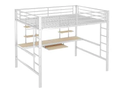 Cama alta 140x200cm - com secretária e prateleiras - estrutura metálica - Branco
