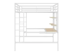 Cama alta 140x200cm - com secretária e prateleiras - estrutura metálica - Branco