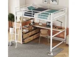 Cama alta 140x200cm - secretária de canto com gavetas - em MDF e metal - Branco