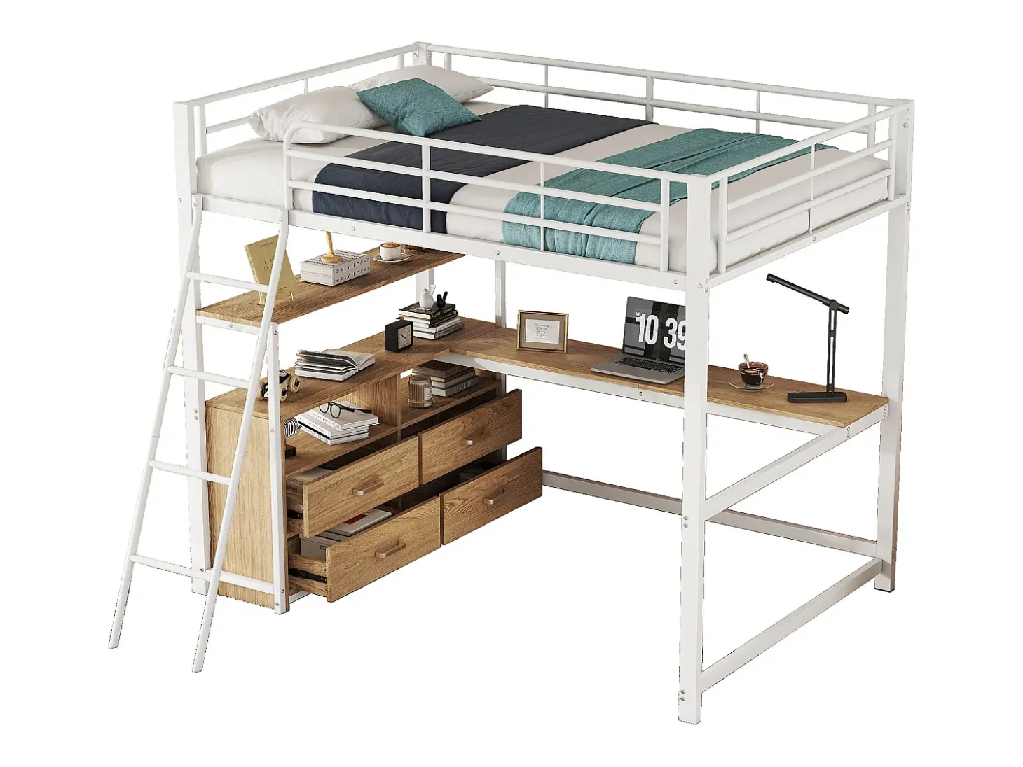 Cama alta 140x200cm - secretária de canto com gavetas - em MDF e metal - Branco