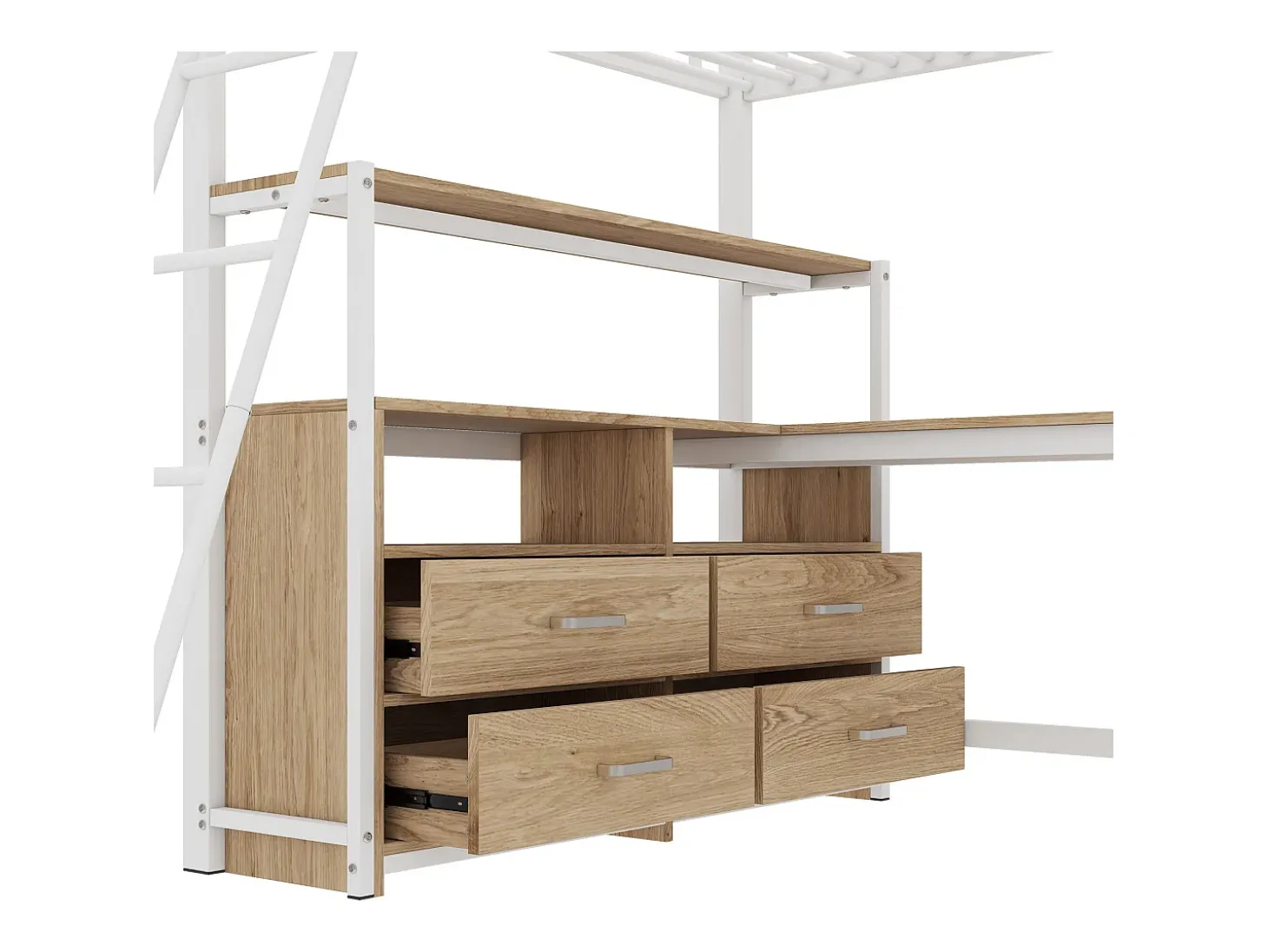 Cama alta 140x200cm - secretária de canto com gavetas - em MDF e metal - Branco