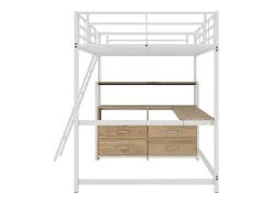 Cama alta 140x200cm - secretária de canto com gavetas - em MDF e metal - Branco