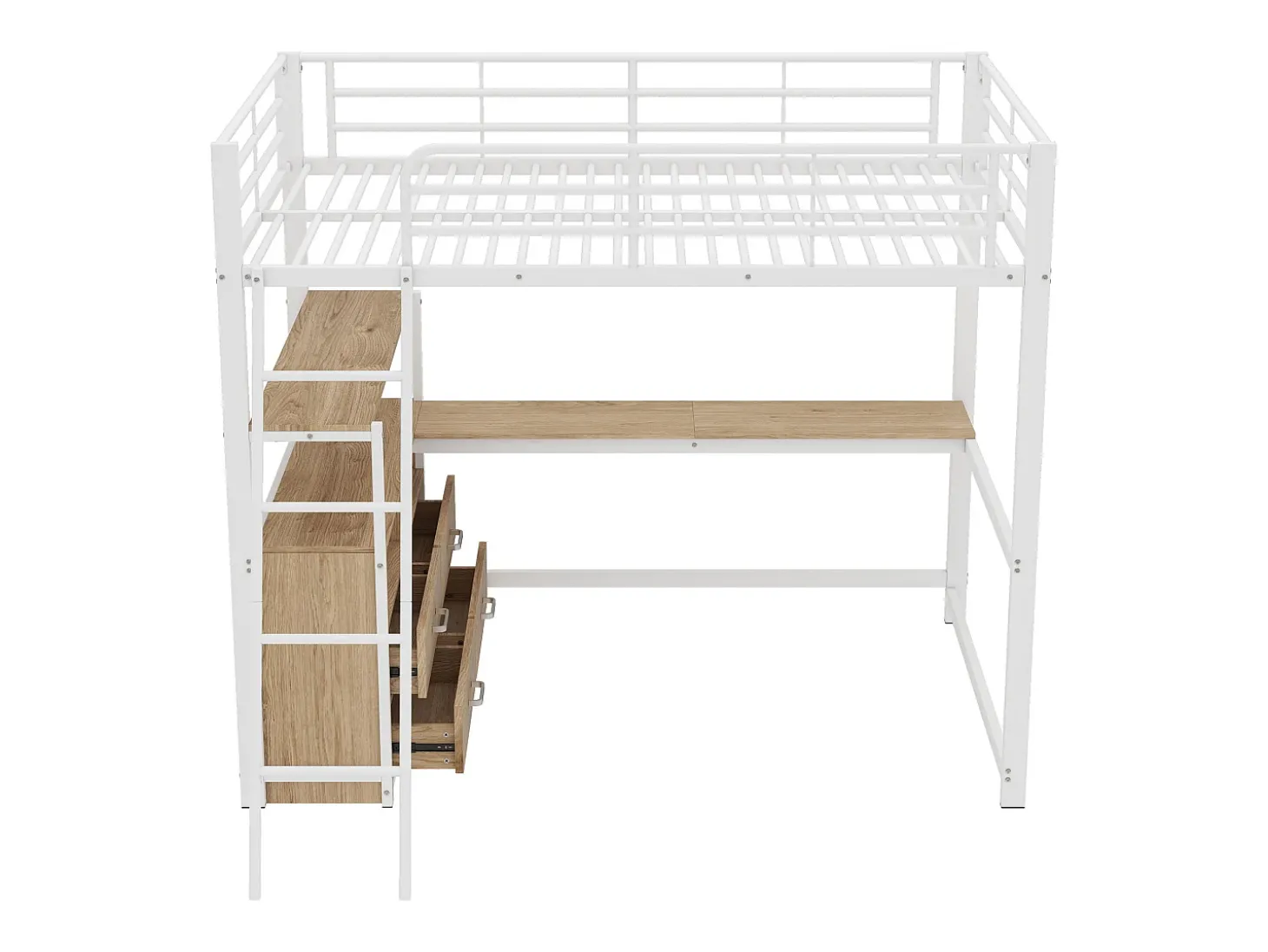 Cama alta 140x200cm - secretária de canto com gavetas - em MDF e metal - Branco