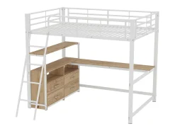 Cama alta 140x200cm - secretária de canto com gavetas - em MDF e metal - Branco