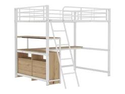 Cama alta 140x200cm - secretária de canto com gavetas - em MDF e metal - Branco