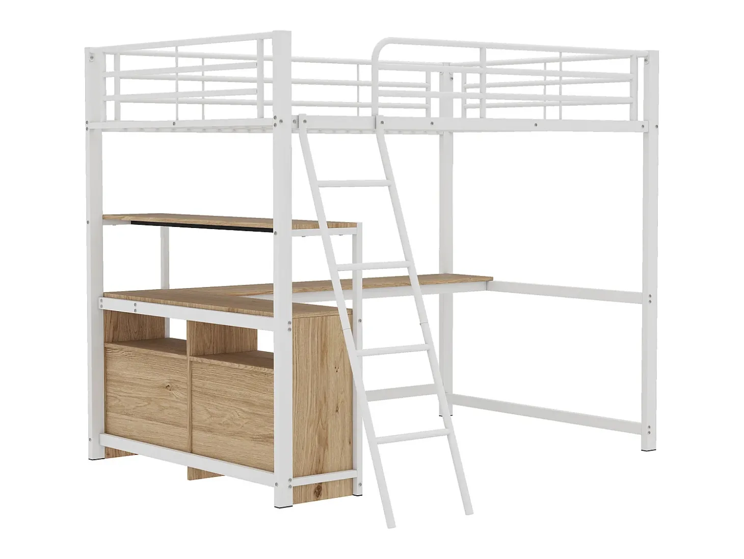 Cama alta 140x200cm - secretária de canto com gavetas - em MDF e metal - Branco