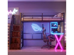 Cama alta 90x200cm com LED - secretária + roupeiro + escada de arrumação - Preto