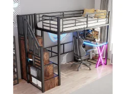 Cama alta 90x200cm com LED - secretária + roupeiro + escada de arrumação - Preto