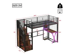 Cama alta 90x200cm com LED - secretária + roupeiro + escada de arrumação - Preto