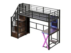Cama alta 90x200cm com LED - secretária + roupeiro + escada de arrumação - Preto