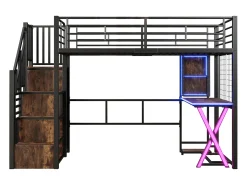 Cama alta 90x200cm com LED - secretária + roupeiro + escada de arrumação - Preto