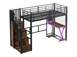Cama alta 90x200cm com LED - secretária + roupeiro + escada de arrumação - Preto