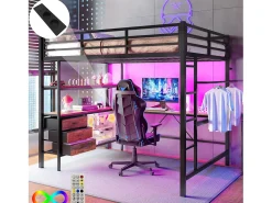 Cama alta 140x200cm com LED e tomadas - secretária com 3 gavetas e prateleira - Preto