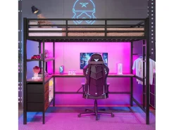 Cama alta 140x200cm com LED e tomadas - secretária com 3 gavetas e prateleira - Preto