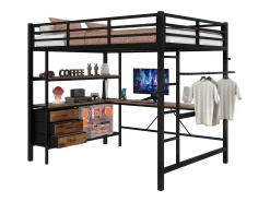 Cama alta 140x200cm com LED e tomadas - secretária com 3 gavetas e prateleira - Preto