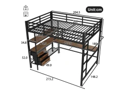Cama alta 140x200cm com LED e tomadas - secretária com 3 gavetas e prateleira - Preto