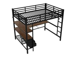 Cama alta 140x200cm com LED e tomadas - secretária com 3 gavetas e prateleira - Preto