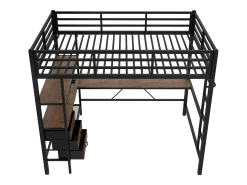 Cama alta 140x200cm com LED e tomadas - secretária com 3 gavetas e prateleira - Preto