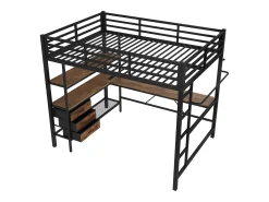 Cama alta 140x200cm com LED e tomadas - secretária com 3 gavetas e prateleira - Preto