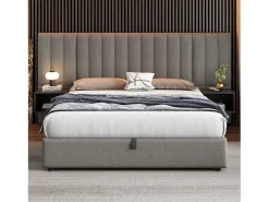 Cama arrumação 160 x 200 cm com cabeceira grande e 2 mesas de cabeceira - Tecido de linho - Cinza + preto (sem colchão)