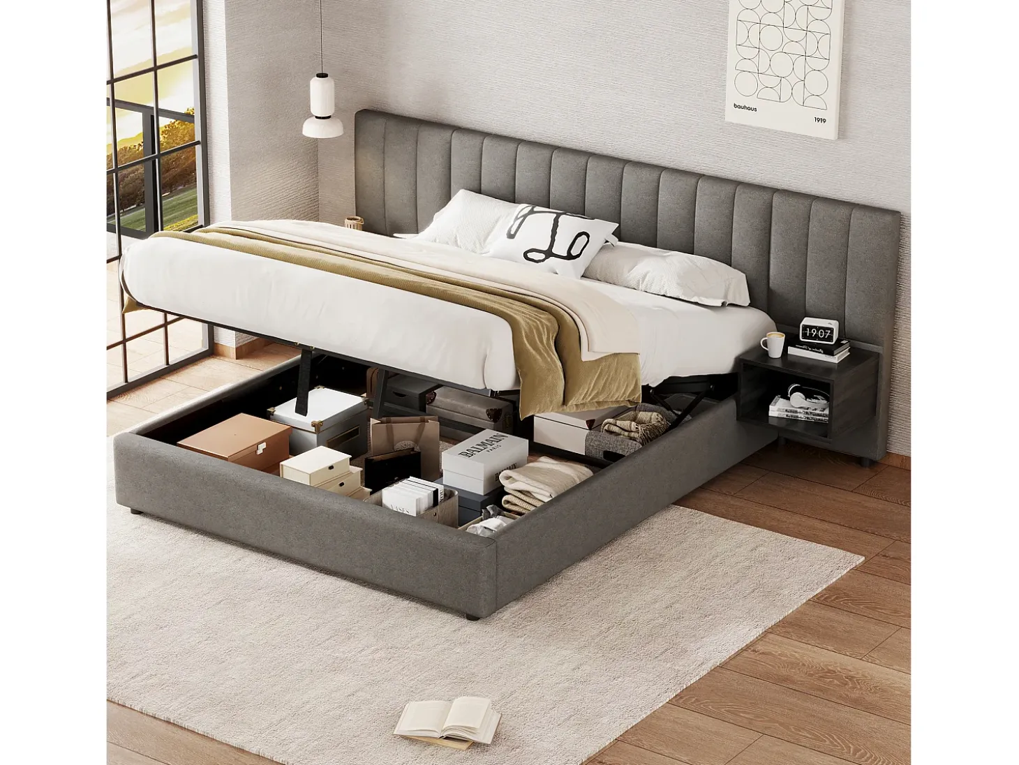 Cama arrumação 160 x 200 cm com cabeceira grande e 2 mesas de cabeceira - Tecido de linho - Cinza + preto (sem colchão)
