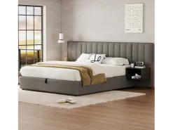 Cama arrumação 160 x 200 cm com cabeceira grande e 2 mesas de cabeceira - Tecido de linho - Cinza + preto (sem colchão)