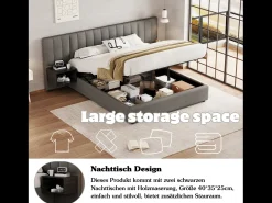 Cama arrumação 160 x 200 cm com cabeceira grande e 2 mesas de cabeceira - Tecido de linho - Cinza + preto (sem colchão)