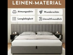 Cama arrumação 160 x 200 cm com cabeceira grande e 2 mesas de cabeceira - Tecido de linho - Cinza + preto (sem colchão)