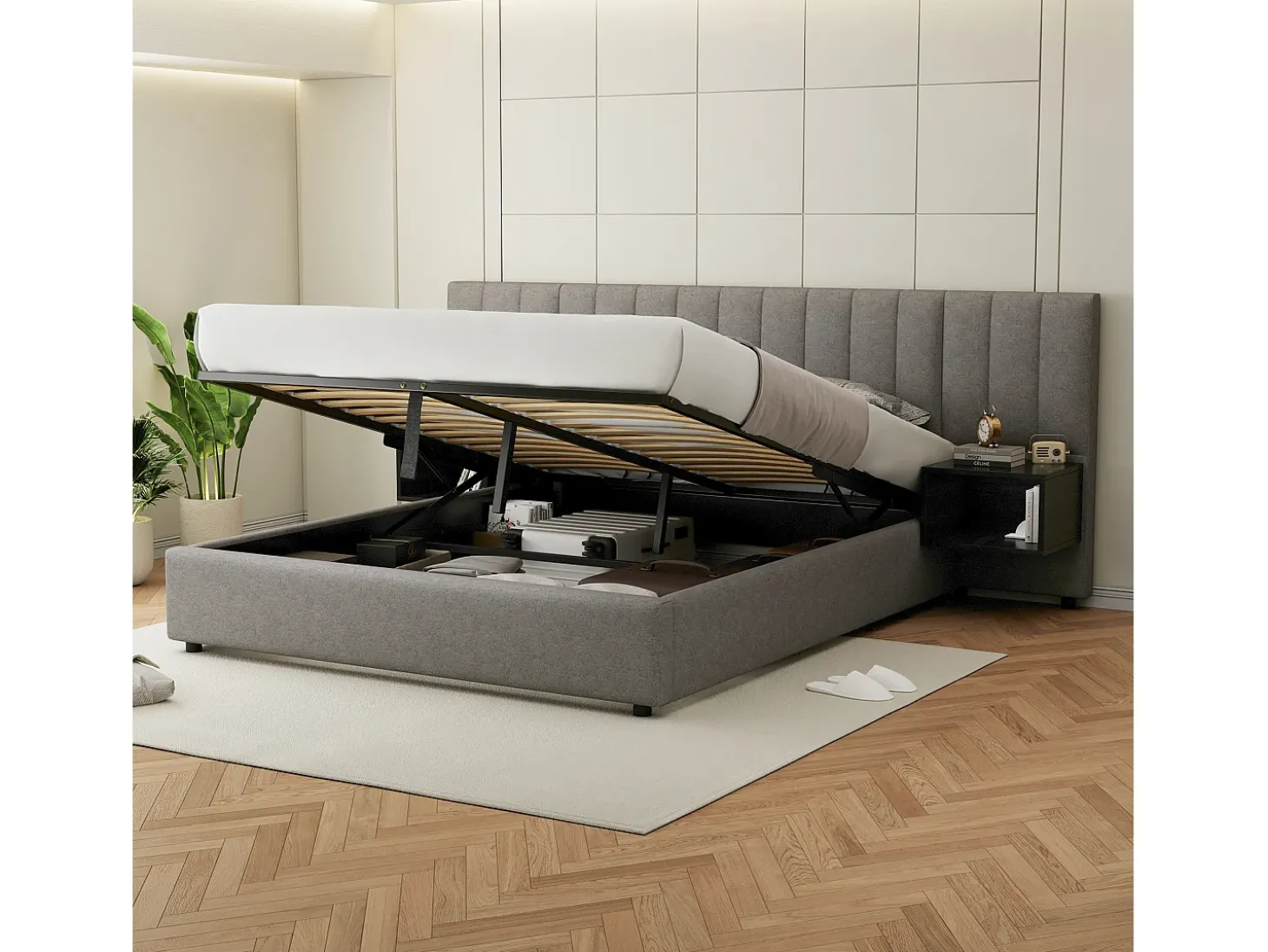 Cama arrumação 160 x 200 cm com cabeceira grande e 2 mesas de cabeceira - Tecido de linho - Cinza + preto (sem colchão)