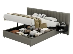 Cama arrumação 160 x 200 cm com cabeceira grande e 2 mesas de cabeceira - Tecido de linho - Cinza + preto (sem colchão)