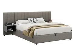 Cama arrumação 160 x 200 cm com cabeceira grande e 2 mesas de cabeceira - Tecido de linho - Cinza + preto (sem colchão)