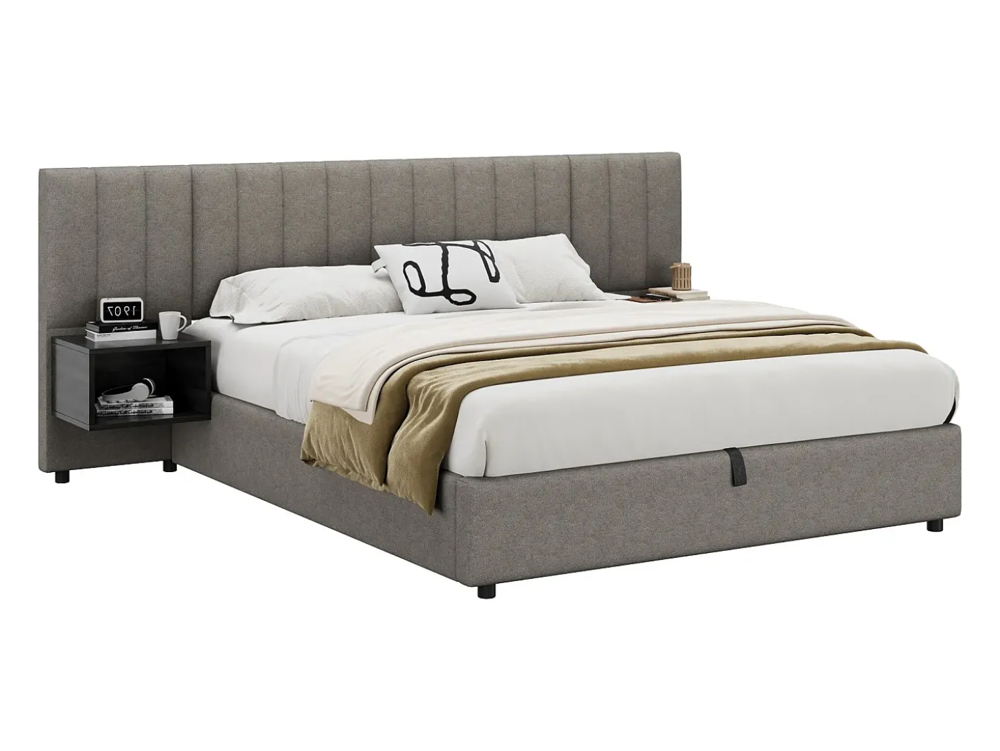 Cama arrumação 160 x 200 cm com cabeceira grande e 2 mesas de cabeceira - Tecido de linho - Cinza + preto (sem colchão)