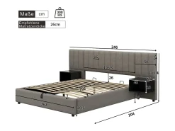 Cama arrumação 160 x 200 cm com cabeceira grande e 2 mesas de cabeceira - Tecido de linho - Cinza + preto (sem colchão)