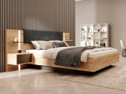 Cama arrumação e mesas cabeceira 160x200 cm natural e antracite com LEDs + colchão ELYNIA