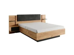 Cama arrumação e mesas cabeceira 160x200 cm natural e antracite com LEDs + colchão ELYNIA