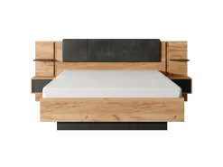 Cama arrumação e mesas cabeceira 160x200 cm natural e antracite com LEDs + colchão ELYNIA