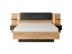 Cama arrumação e mesas cabeceira 160x200 cm natural e antracite com LEDs + colchão ELYNIA