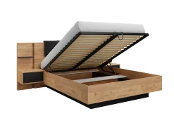 Cama arrumação e mesas cabeceira 160x200 cm natural e antracite com LEDs + colchão ELYNIA