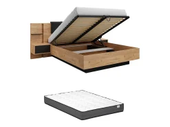 Cama arrumação e mesas cabeceira 160x200 cm natural e antracite com LEDs + colchão ELYNIA