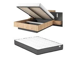 Cama arrumação e mesas de cabeceira 140x190 cm LEDs natural e antracite + colchão FRANCOLI