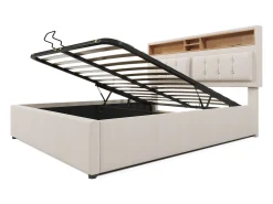 Cama arrumação 160x200 cm em tecido de linho - cabeceira ajustável com tomadas - com base de ripas - Bege