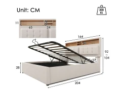 Cama arrumação 160x200 cm em tecido de linho - cabeceira ajustável com tomadas - com base de ripas - Bege