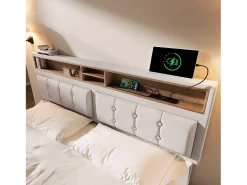 Cama arrumação 160x200 cm em tecido de linho - cabeceira ajustável com tomadas - com base de ripas - Bege