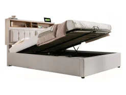 Cama arrumação 160x200 cm em tecido de linho - cabeceira ajustável com tomadas - com base de ripas - Bege