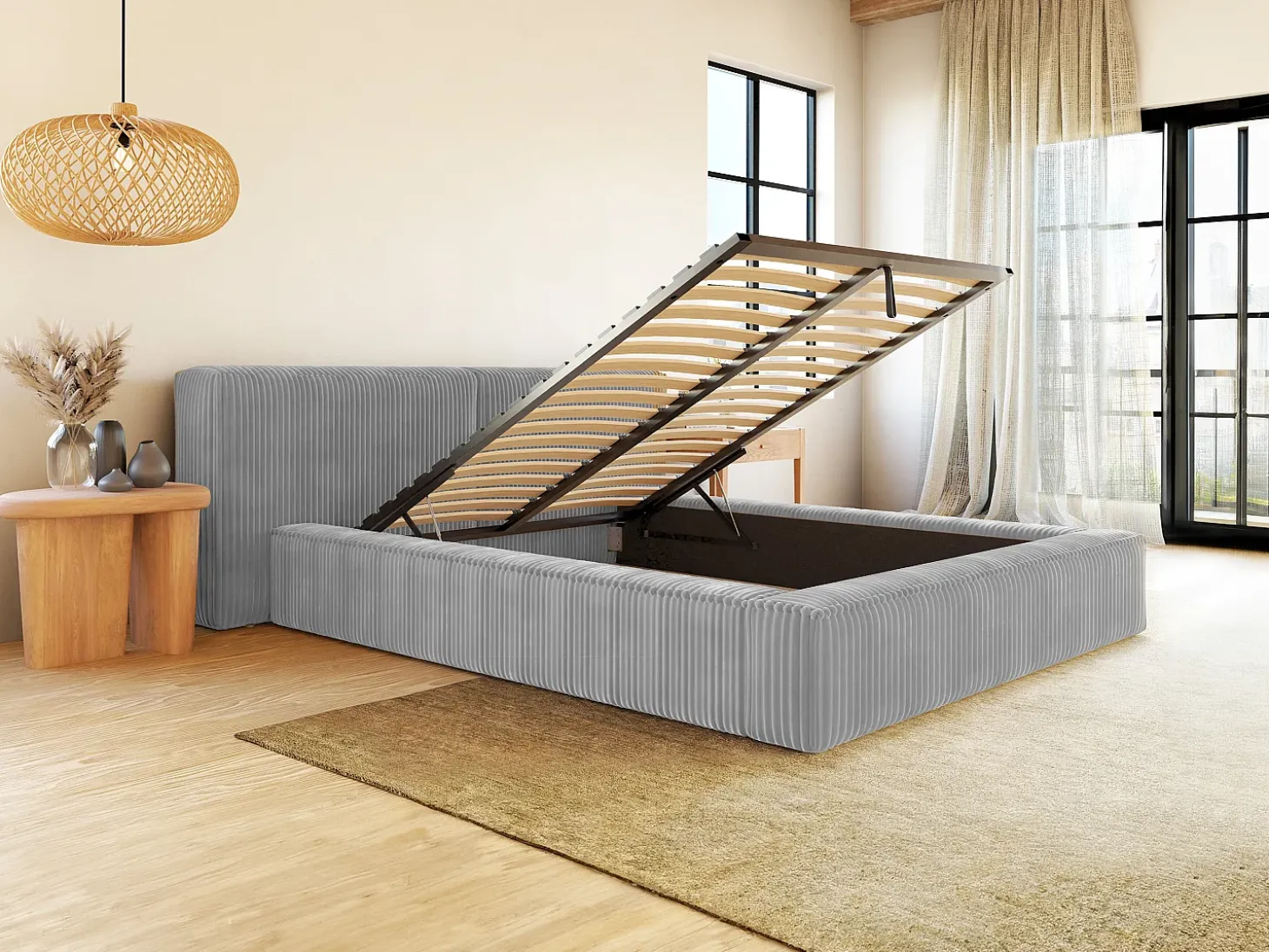 Cama arrumação 160x200cm veludo canelado grosso cinza-claro colchão TIMANO Pascal Morabito