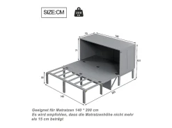 Cama articulada 140x200 cm - Com estrutura de ripas - Madeira - Carga máx. 200 kg - Cinza