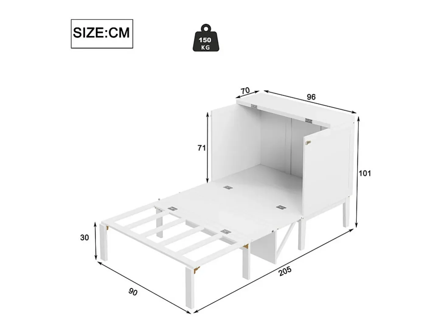 Cama articulada 90x200 cm em madeira - Com ripado - Carga máx. 150 kg - Branco