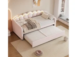 Cama auxiliar 90 x 200 cm + cama 90 x 190 cm, sofá-cama - veludo - LEDs - cor rosa (sem colchão)