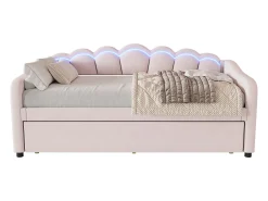 Cama auxiliar 90 x 200 cm + cama 90 x 190 cm, sofá-cama - veludo - LEDs - cor rosa (sem colchão)