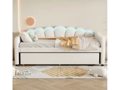 Cama auxiliar 90 x 200 cm + cama 90 x 190 cm, sofá-cama - veludo - LEDs - cor bege (sem colchão)